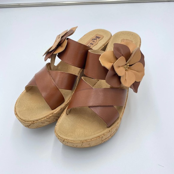 Kork-Ease Shoes - Kork Ease Women's Brown Flower Leather Cork Wedge Sandal Size 8